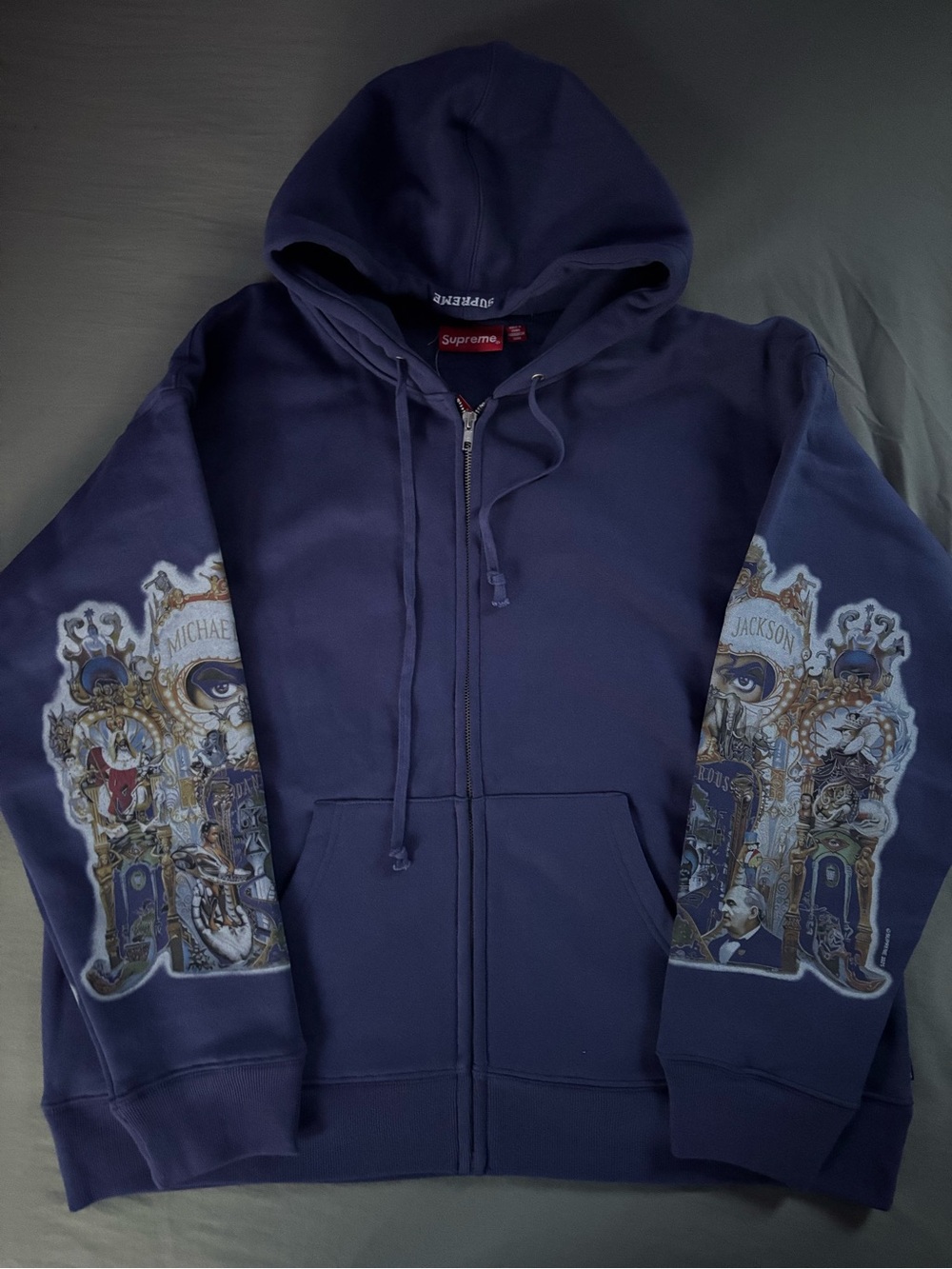 Supreme Navy Zip-Up Hoodie with Graphic Micheal Jackson Sleeve Panels